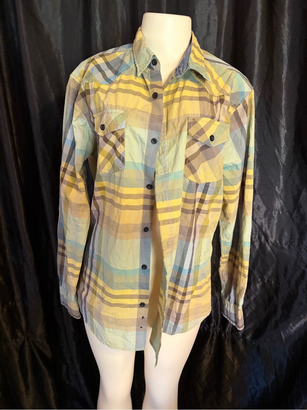 Men's Yellow Plaid Button-Down Shirt with Blue Accents